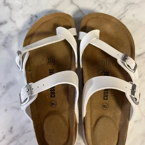 DO NOT PURCHASE.  SOLD Cushionaire White Sandals with Buckles 7W worn once - Picture 5 of 7